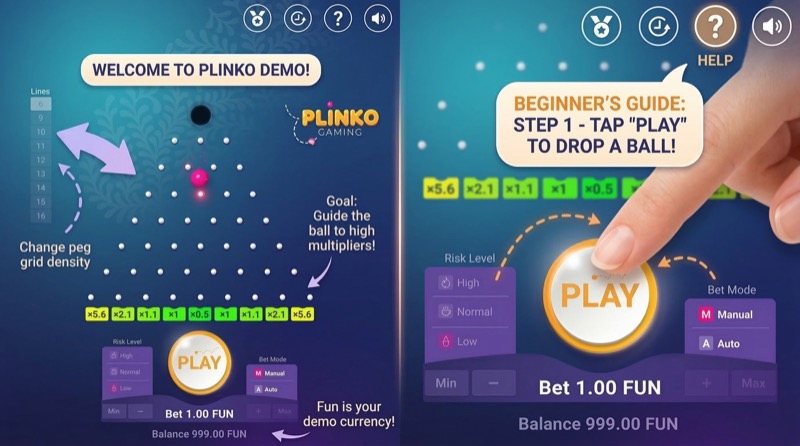 Plinko beginner tutorial showing labeled game interface elements and step-by-step guide