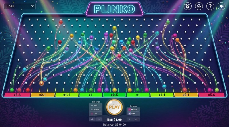 Plinko board with multiple colorful balls dropping through pegs toward multiplier buckets