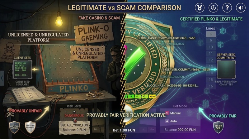 Side-by-side comparison of fake scam Plinko casino versus certified legitimate platform with blockchain verification