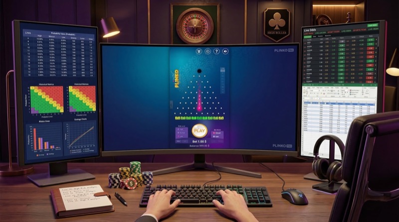 Multi-monitor gaming setup showing Plinko gameplay with probability tables and analytics